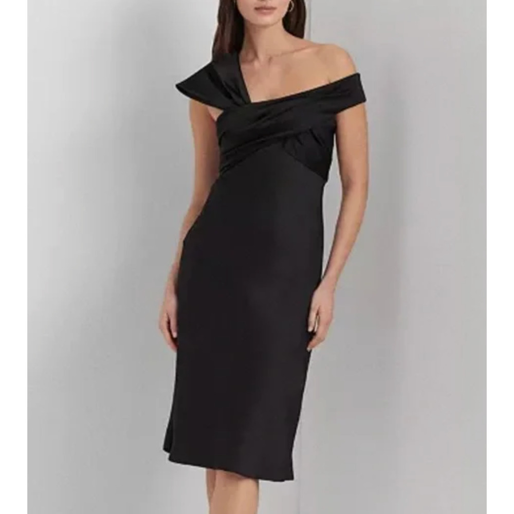 Lauren Ralph Lauren Satin Slip Cocktail Dress, Asymmetric Shoulder | 4 Black NWT